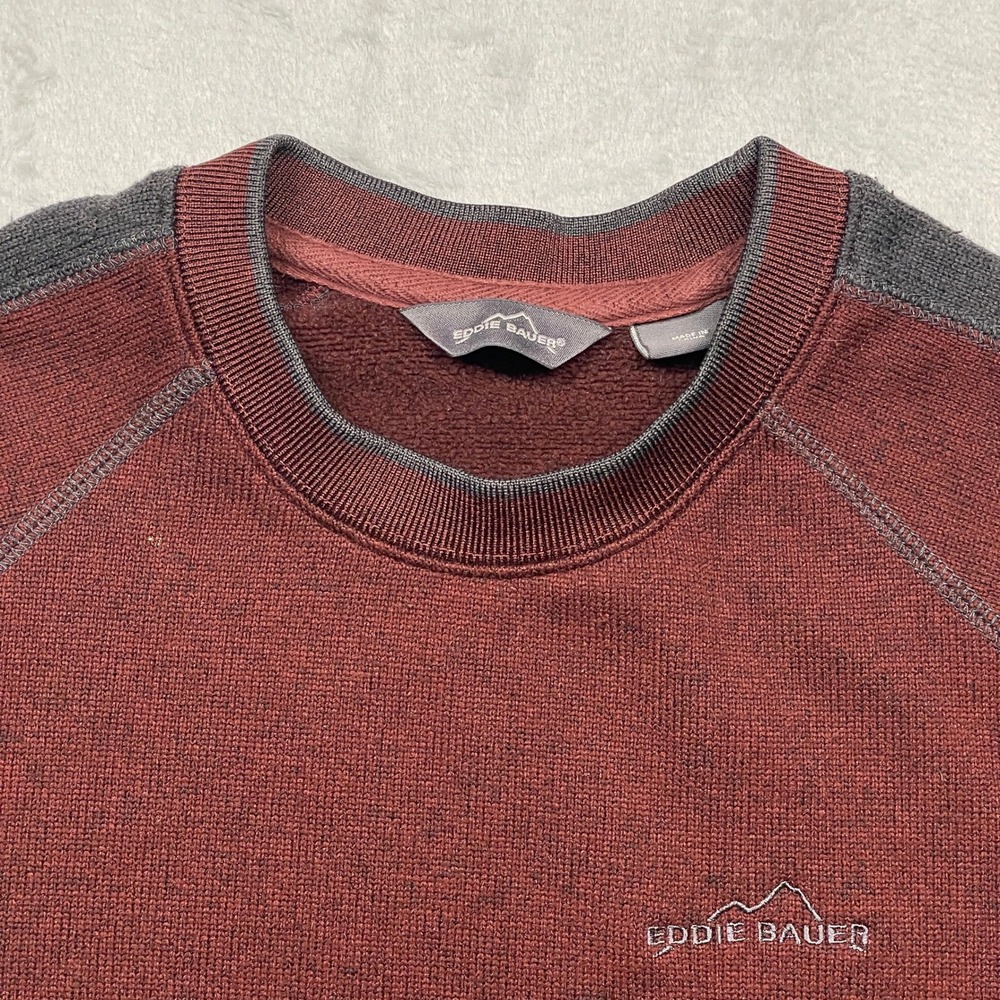 Eddie Bauer Sweater Men Large Burgundy Red Gray Raglan Fleece Lined Crewneck - Picture 4 of 10